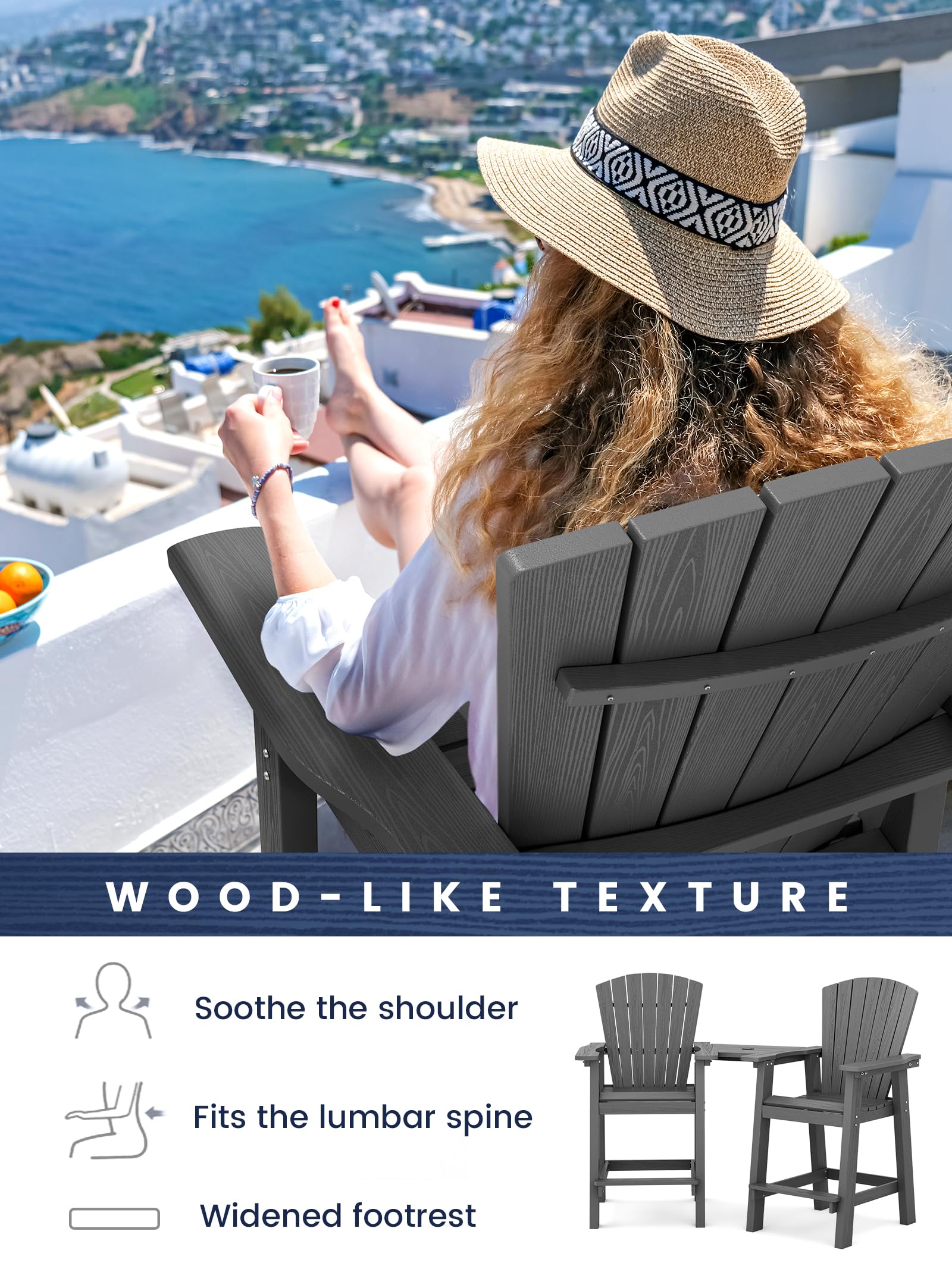 Kingyes Embossed Balcony Height Chair With Connecting Tray, Tall Poly Adirondack Chair Set Of 4, High Airondack Chair With Wood Grain, Gray
